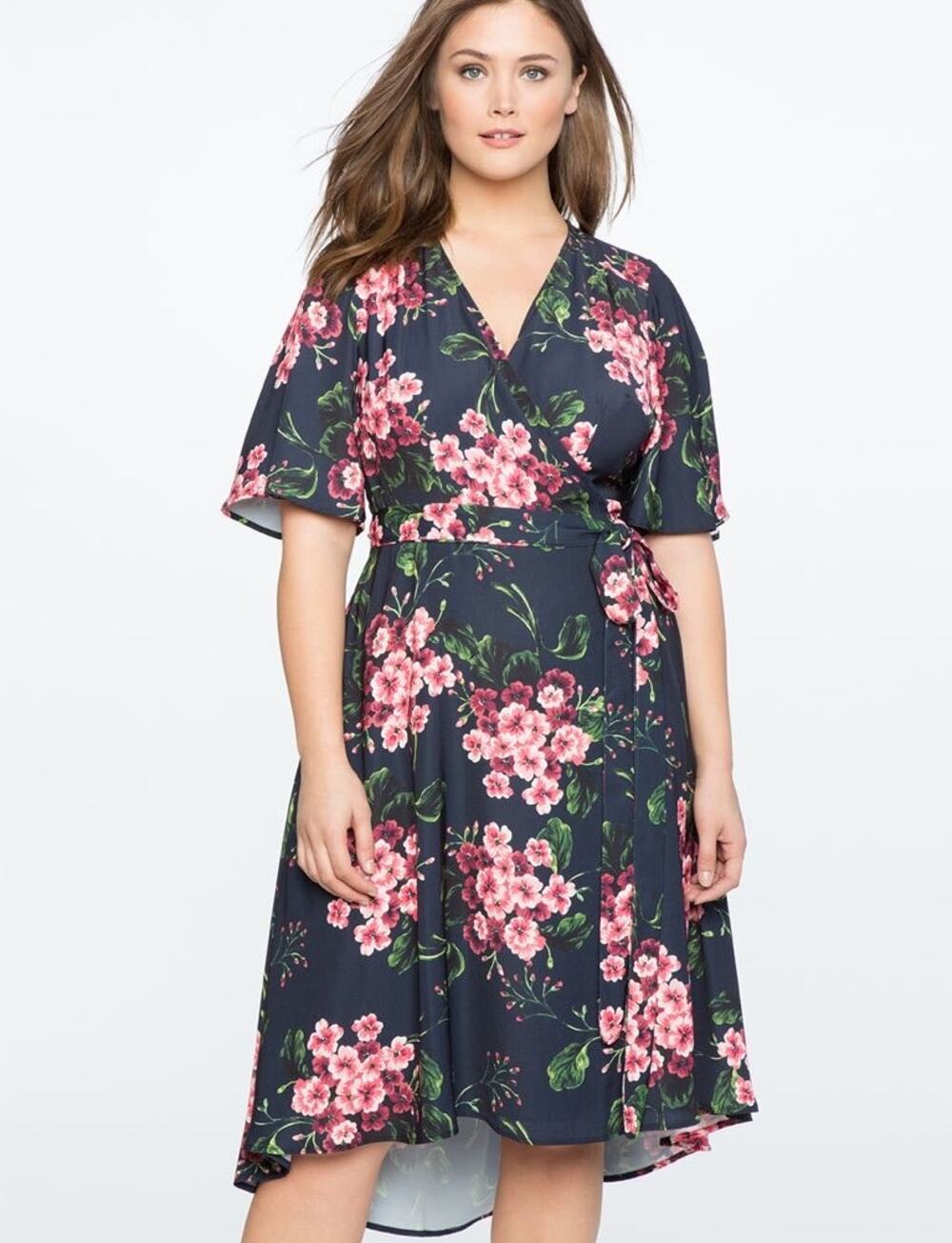 Eloquii Floral Wrap Midi Dress Sz 24 Flutter Sleeves Navy Pink Wedding Guest NWT